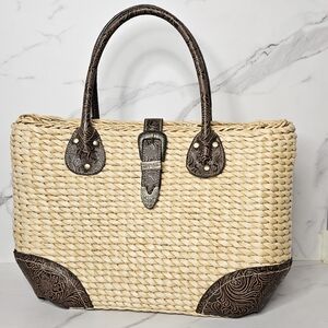 Scala Natural Straw Purse with Embossed Leather
